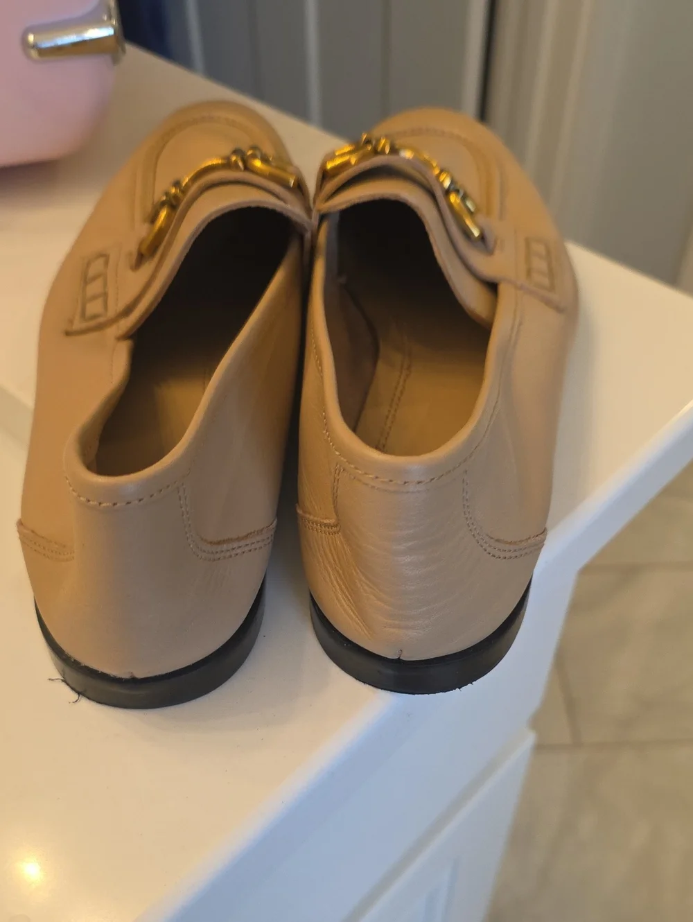 Zara Tan Leather Horsebit Loafers with Gold Hardware